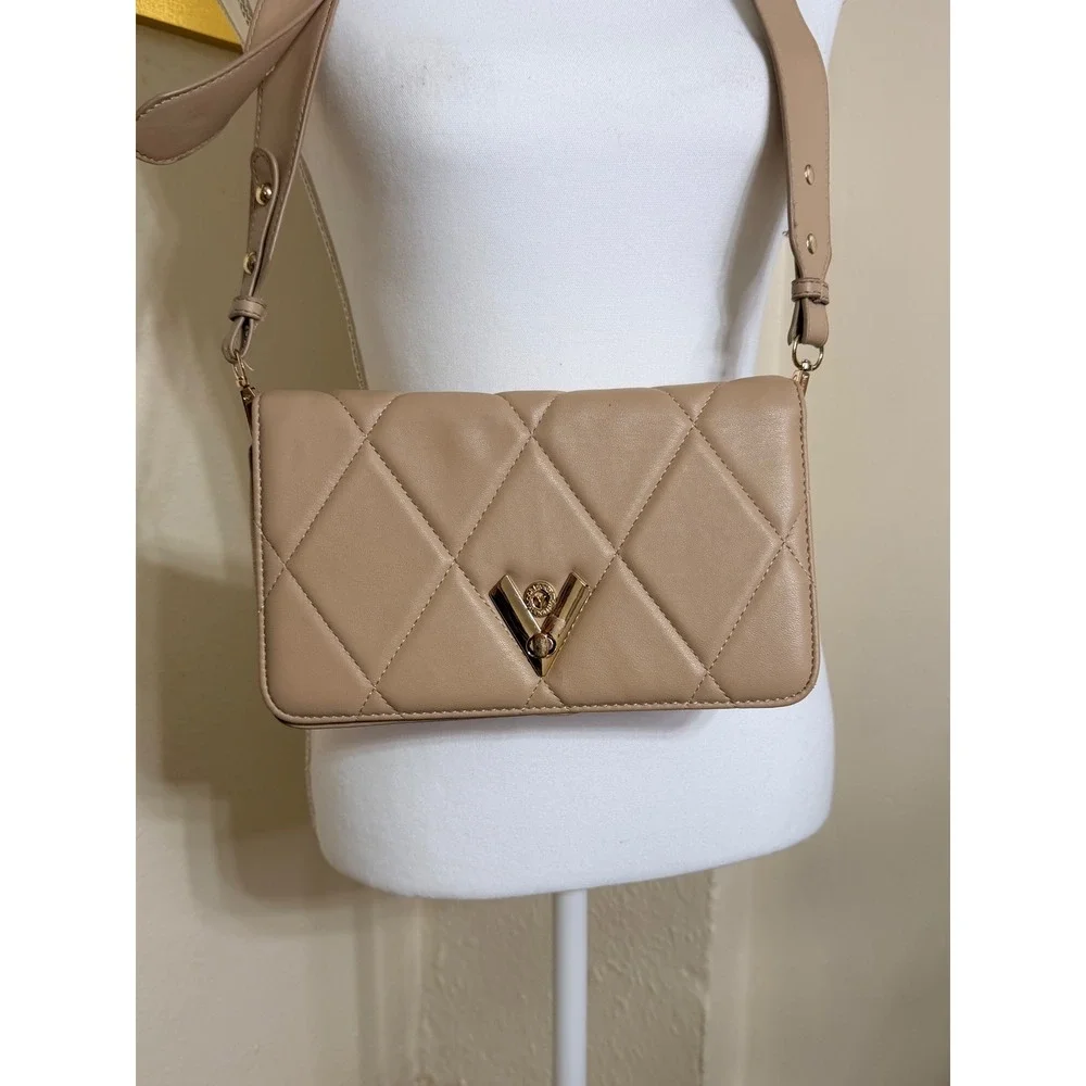 Valentino Orlandi Beige Quilted Leather Crossbody Bag Gold Hardware V Logo